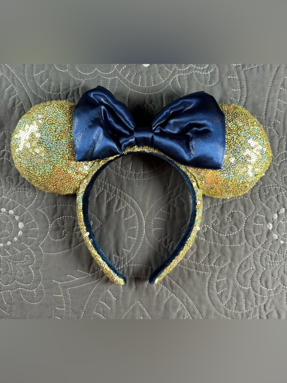 Disney Parks Adult Gold Sequin And Blue Bow Minnie Mouse Ears